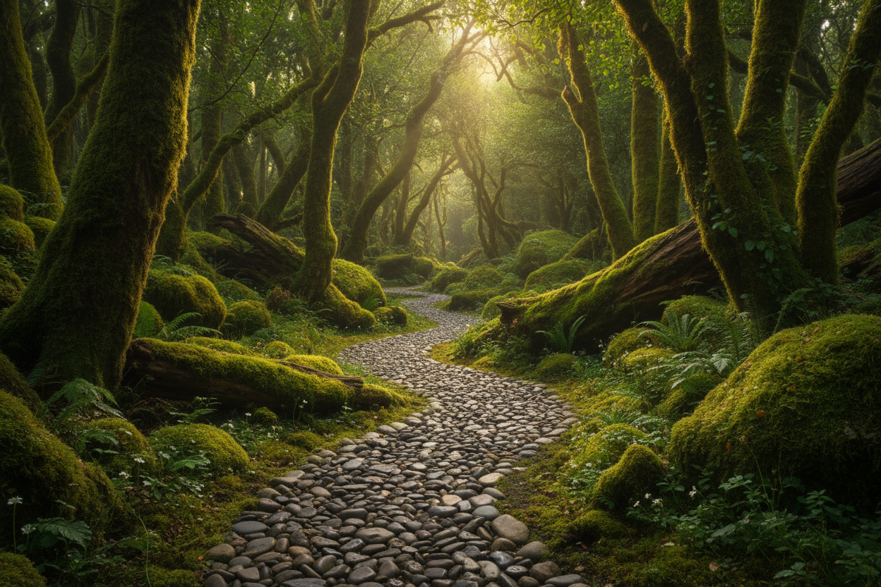 beautiful image of a mossy forest with a pebbled path